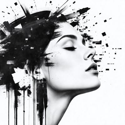 The primary subject of the image is a woman with a thoughtful expression on her face. She is looking upward, possibly deep in thought or contemplating something. The setting is a black and white background, which adds a sense of drama and intensity to the scene. The visual style is a combination of digital art and illustration, creating a unique and artistic representation of the woman. The colors and mood of the image are predominantly dark and moody, with the woman's expression and the overall composition evoking a sense of introspection and contemplation.